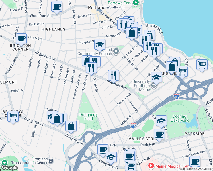 map of restaurants, bars, coffee shops, grocery stores, and more near 22 Sheffield Street in Portland