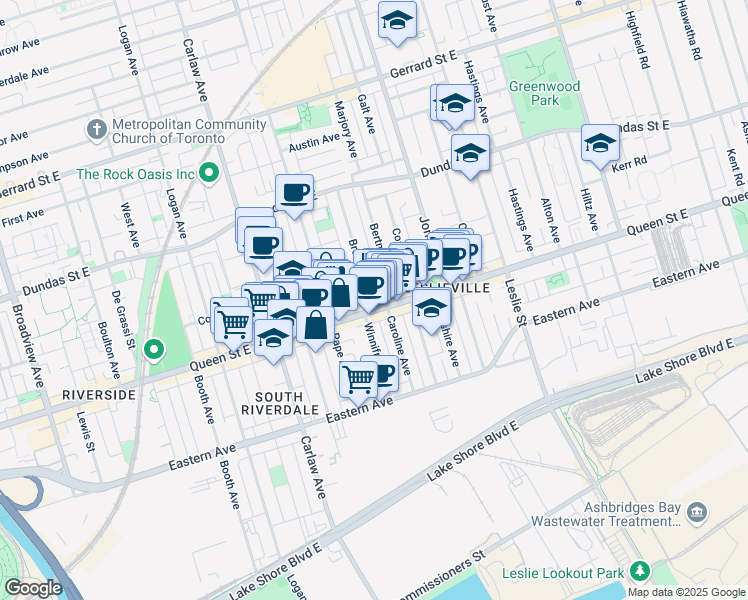 map of restaurants, bars, coffee shops, grocery stores, and more near 1101 Queen Street East in Toronto