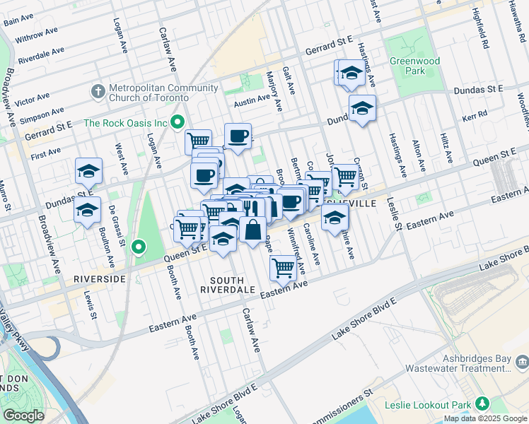 map of restaurants, bars, coffee shops, grocery stores, and more near in Toronto
