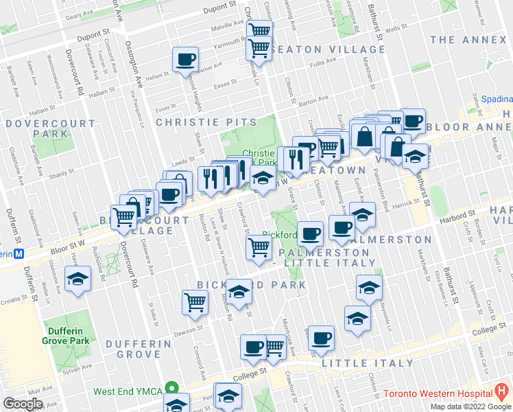 map of restaurants, bars, coffee shops, grocery stores, and more near 777 Bloor Street West in Toronto
