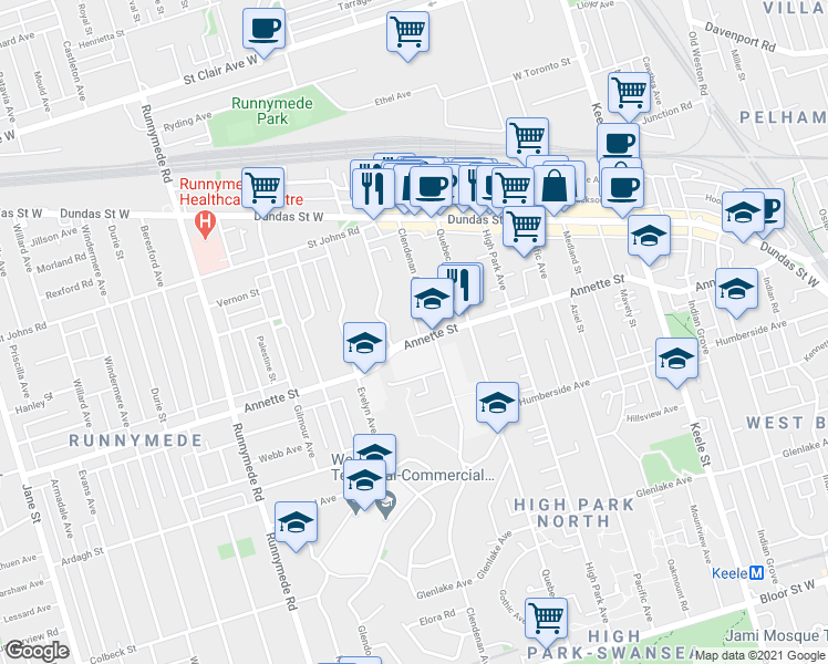 map of restaurants, bars, coffee shops, grocery stores, and more near 274 Annette Street in Toronto