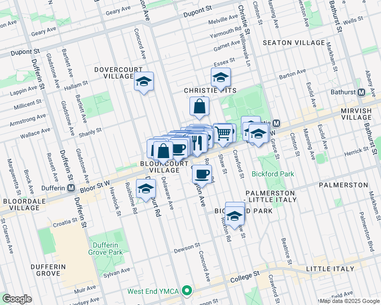 map of restaurants, bars, coffee shops, grocery stores, and more near 739 Ossington Avenue in Toronto