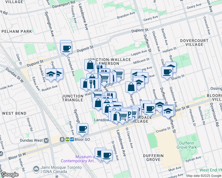 map of restaurants, bars, coffee shops, grocery stores, and more near in Toronto