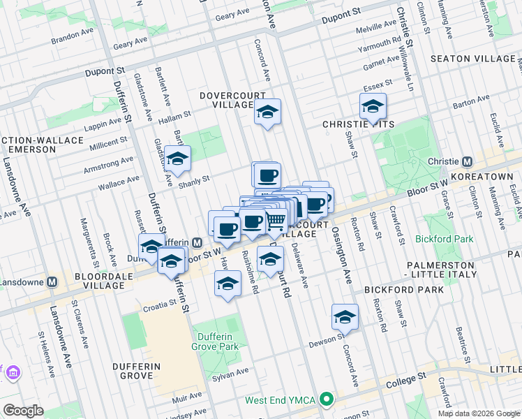 map of restaurants, bars, coffee shops, grocery stores, and more near in Toronto