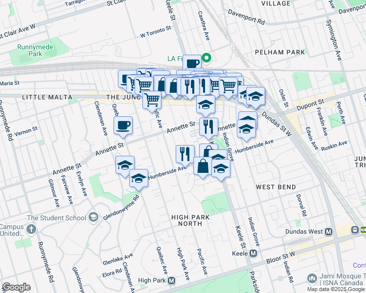 map of restaurants, bars, coffee shops, grocery stores, and more near 140 Medland Street in Toronto