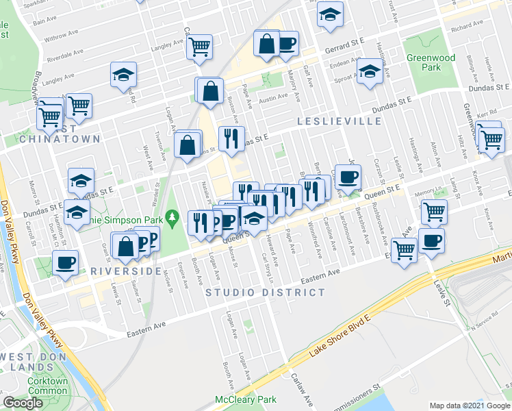 map of restaurants, bars, coffee shops, grocery stores, and more near 36 Boston Avenue in Toronto