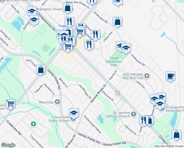 map of restaurants, bars, coffee shops, grocery stores, and more near in Brampton