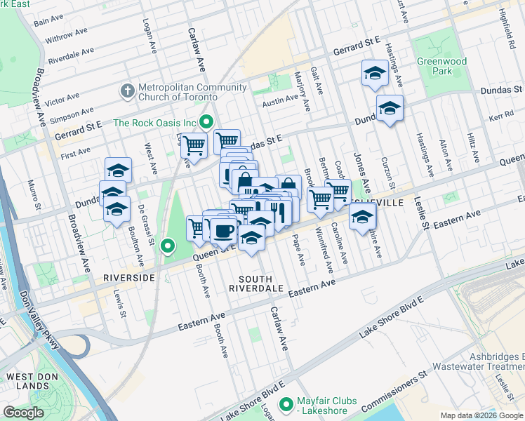 map of restaurants, bars, coffee shops, grocery stores, and more near 36 Boston Avenue in Toronto