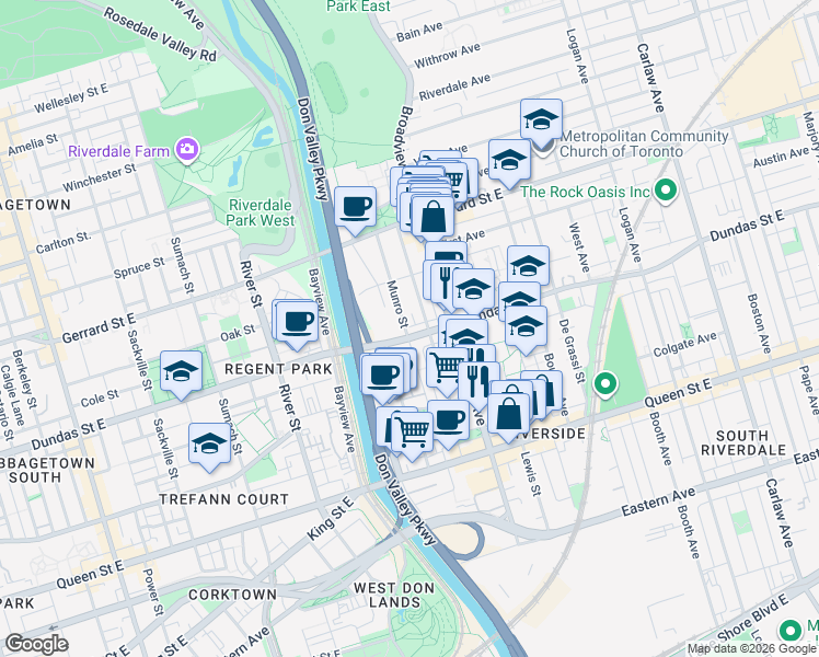 map of restaurants, bars, coffee shops, grocery stores, and more near 137 Munro Street in Toronto