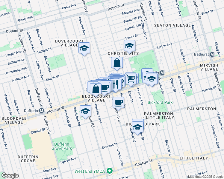 map of restaurants, bars, coffee shops, grocery stores, and more near in Toronto