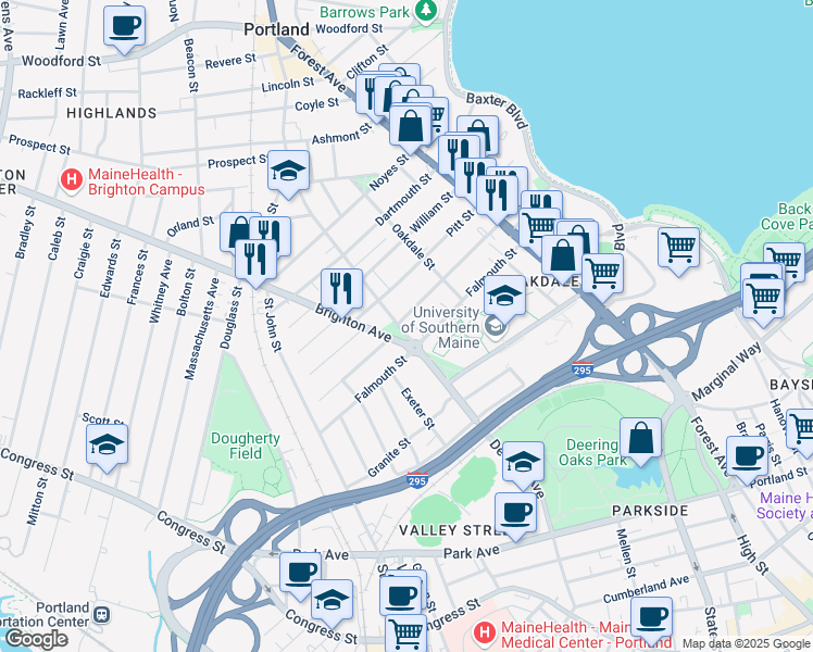 map of restaurants, bars, coffee shops, grocery stores, and more near 260 Deering Avenue in Portland