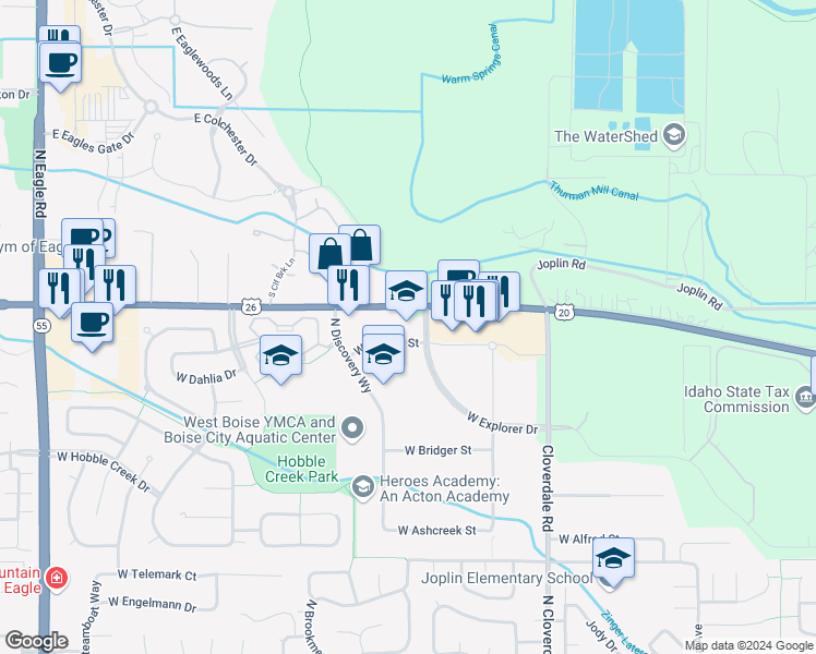 map of restaurants, bars, coffee shops, grocery stores, and more near 12639 West Explorer Drive in Boise