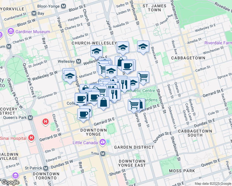 map of restaurants, bars, coffee shops, grocery stores, and more near 84 Carlton Street in Toronto