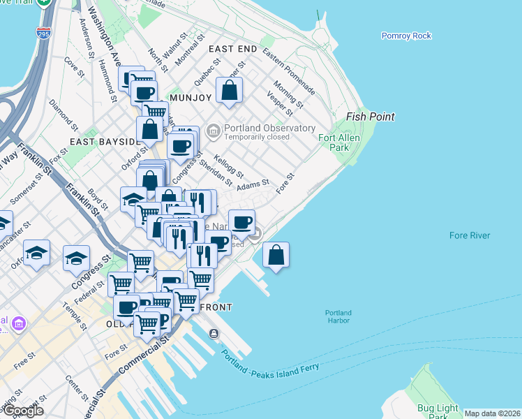 map of restaurants, bars, coffee shops, grocery stores, and more near 30 Fore Street in Portland