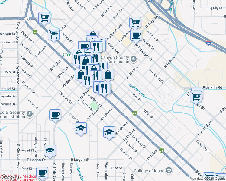 map of restaurants, bars, coffee shops, grocery stores, and more near 1110 Blaine Street in Caldwell
