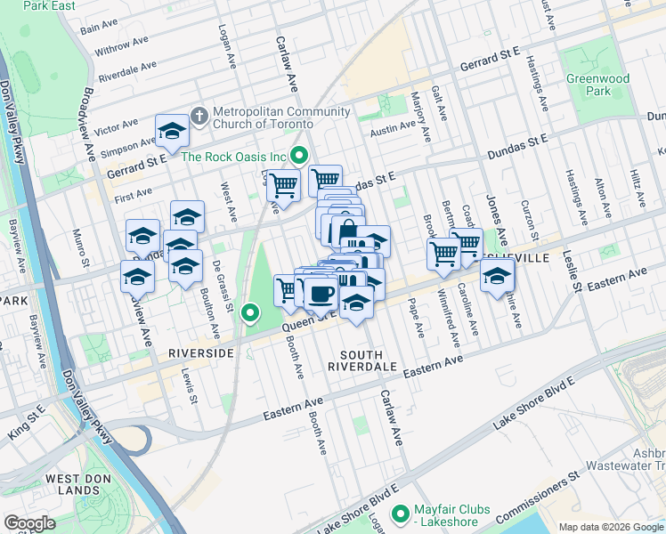 map of restaurants, bars, coffee shops, grocery stores, and more near 88 Colgate Avenue in Toronto