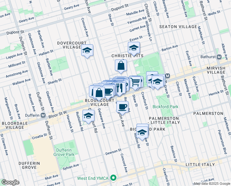 map of restaurants, bars, coffee shops, grocery stores, and more near 741 Ossington Avenue in Toronto