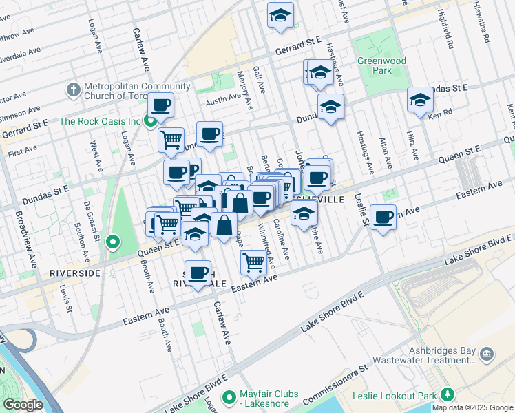 map of restaurants, bars, coffee shops, grocery stores, and more near 6 Brooklyn Avenue in Toronto