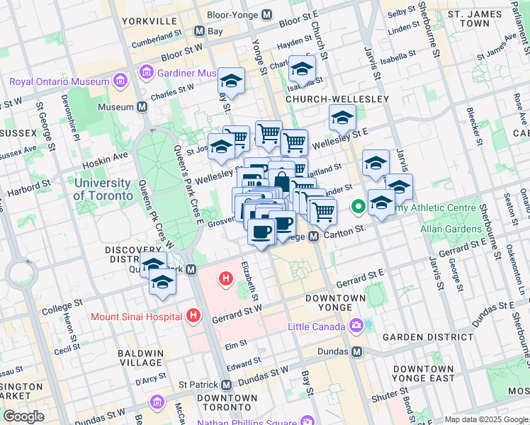 map of restaurants, bars, coffee shops, grocery stores, and more near 37 Grosvenor Street in Toronto