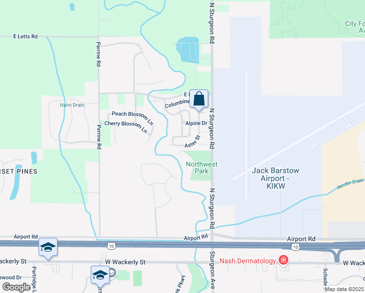map of restaurants, bars, coffee shops, grocery stores, and more near 3505 Aster Court in Midland
