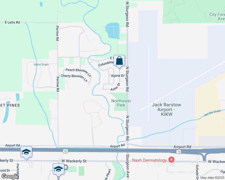 map of restaurants, bars, coffee shops, grocery stores, and more near 3505 Aster Court in Midland