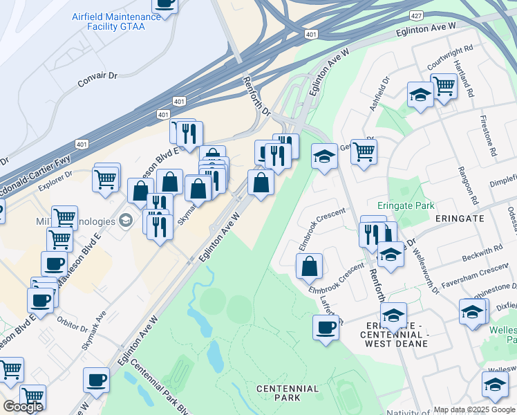 map of restaurants, bars, coffee shops, grocery stores, and more near 5409 Eglinton Avenue West in Toronto