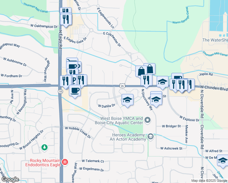 map of restaurants, bars, coffee shops, grocery stores, and more near 13232 West Bluebell Drive in Boise
