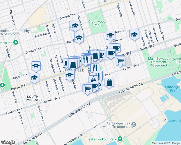 map of restaurants, bars, coffee shops, grocery stores, and more near 820 Eastern Avenue in Toronto