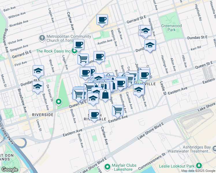 map of restaurants, bars, coffee shops, grocery stores, and more near 123 Pape Avenue in Toronto