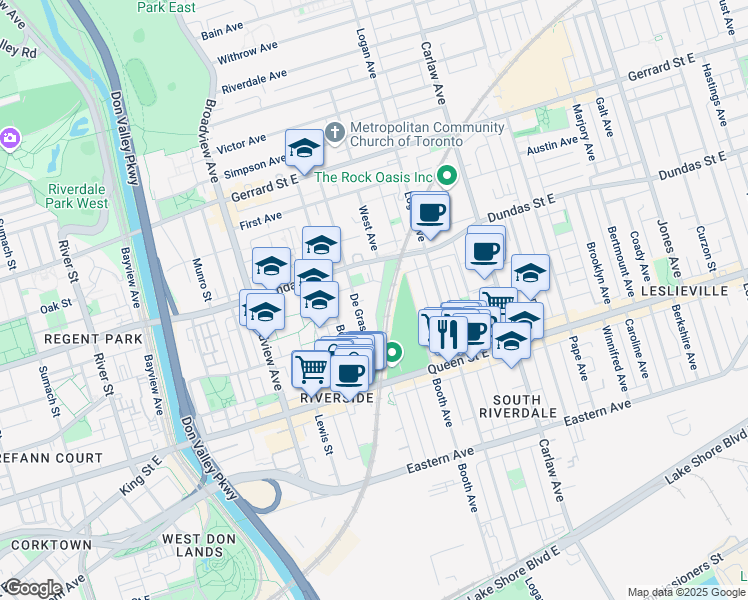 map of restaurants, bars, coffee shops, grocery stores, and more near in Toronto
