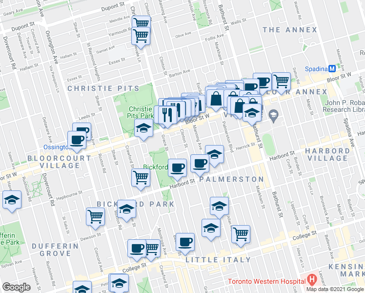 map of restaurants, bars, coffee shops, grocery stores, and more near in Toronto