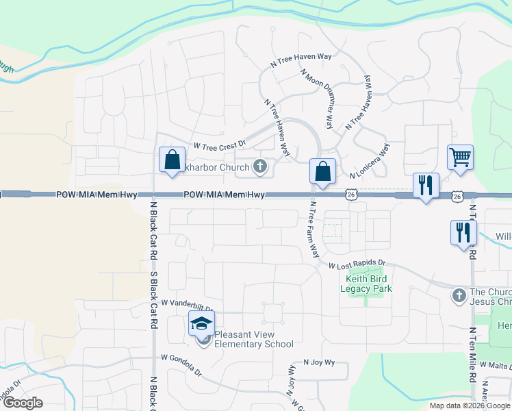 map of restaurants, bars, coffee shops, grocery stores, and more near 4225 West Silver River Street in Meridian