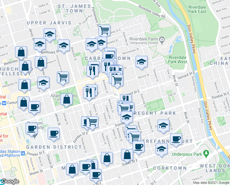 map of restaurants, bars, coffee shops, grocery stores, and more near 290 Gerrard Street East in Toronto