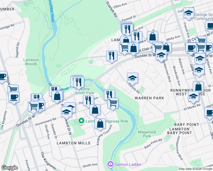 map of restaurants, bars, coffee shops, grocery stores, and more near 4075 Old Dundas Street in Toronto