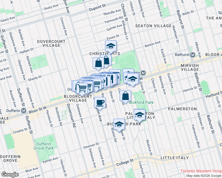 map of restaurants, bars, coffee shops, grocery stores, and more near 835 Bloor Street West in Toronto