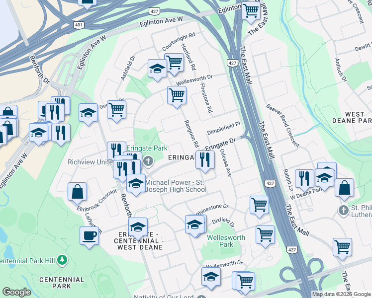 map of restaurants, bars, coffee shops, grocery stores, and more near 3 Sanctbury Place in Toronto