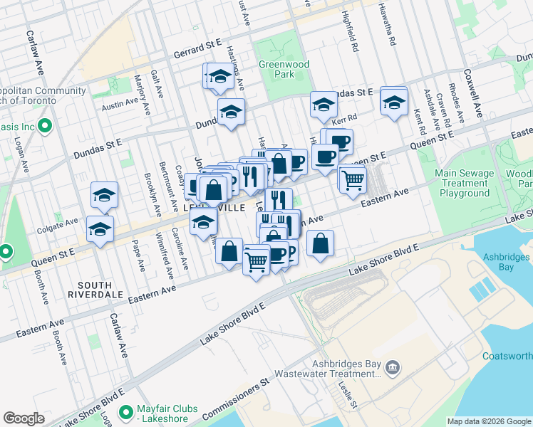 map of restaurants, bars, coffee shops, grocery stores, and more near 49 Leslie Street in Toronto