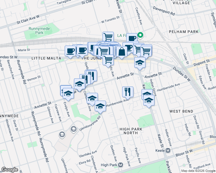 map of restaurants, bars, coffee shops, grocery stores, and more near 251 High Park Avenue in Toronto