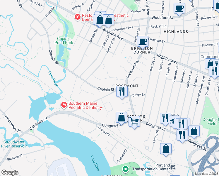 map of restaurants, bars, coffee shops, grocery stores, and more near 49 Frost Street in Portland