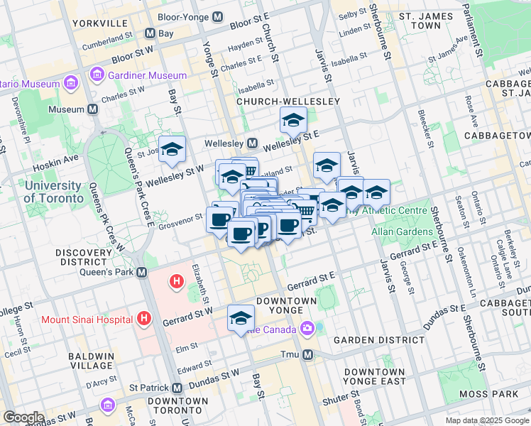 map of restaurants, bars, coffee shops, grocery stores, and more near 475 Yonge Street in Toronto