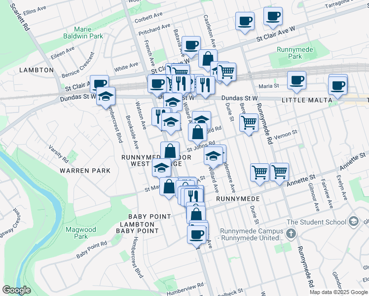 map of restaurants, bars, coffee shops, grocery stores, and more near 458 Saint Johns Road in Toronto