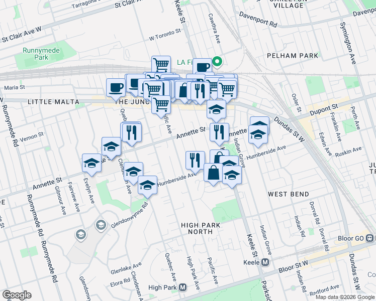 map of restaurants, bars, coffee shops, grocery stores, and more near 57 Aziel Street in Toronto