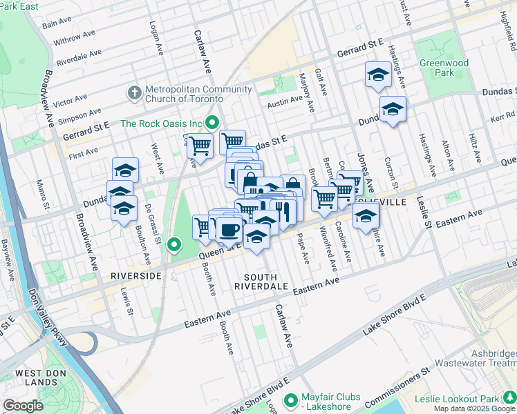 map of restaurants, bars, coffee shops, grocery stores, and more near 22 Boston Avenue in Toronto