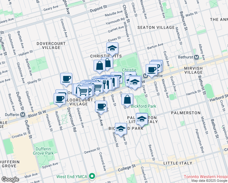 map of restaurants, bars, coffee shops, grocery stores, and more near 829 Bloor Street West in Toronto