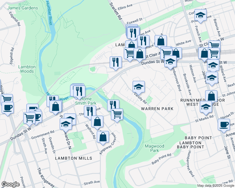 map of restaurants, bars, coffee shops, grocery stores, and more near 2 Lundy Avenue in Toronto