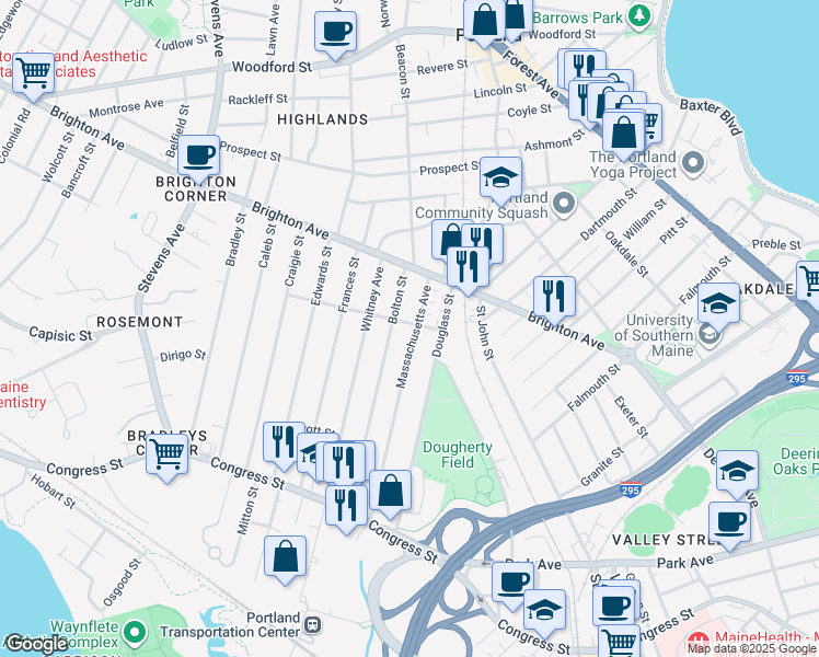 map of restaurants, bars, coffee shops, grocery stores, and more near 131 Massachusetts Avenue in Portland