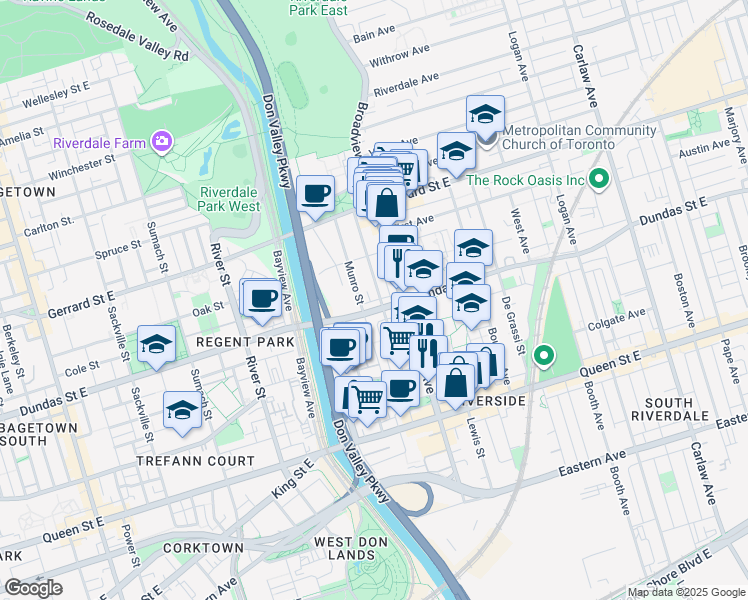 map of restaurants, bars, coffee shops, grocery stores, and more near in Toronto