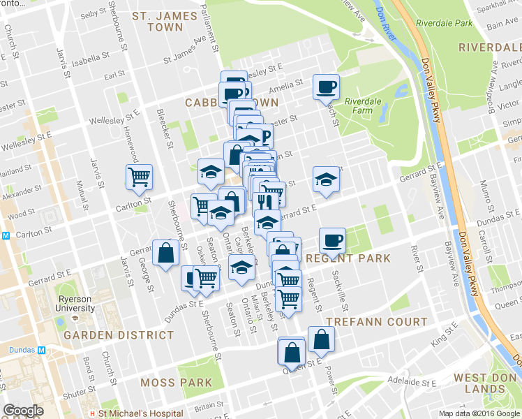 map of restaurants, bars, coffee shops, grocery stores, and more near in Toronto