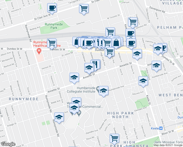 map of restaurants, bars, coffee shops, grocery stores, and more near in Toronto