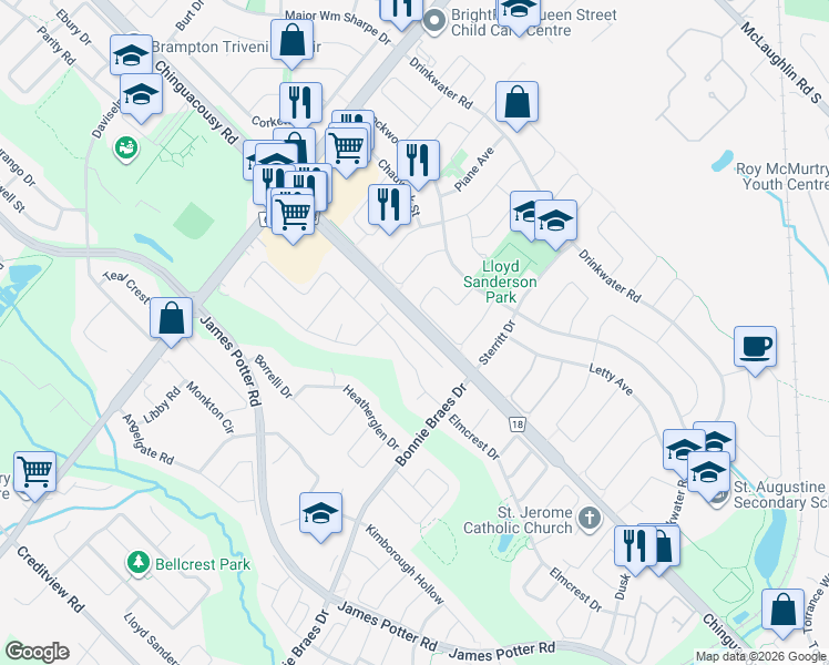 map of restaurants, bars, coffee shops, grocery stores, and more near 8794 Chinguacousy Road in Brampton